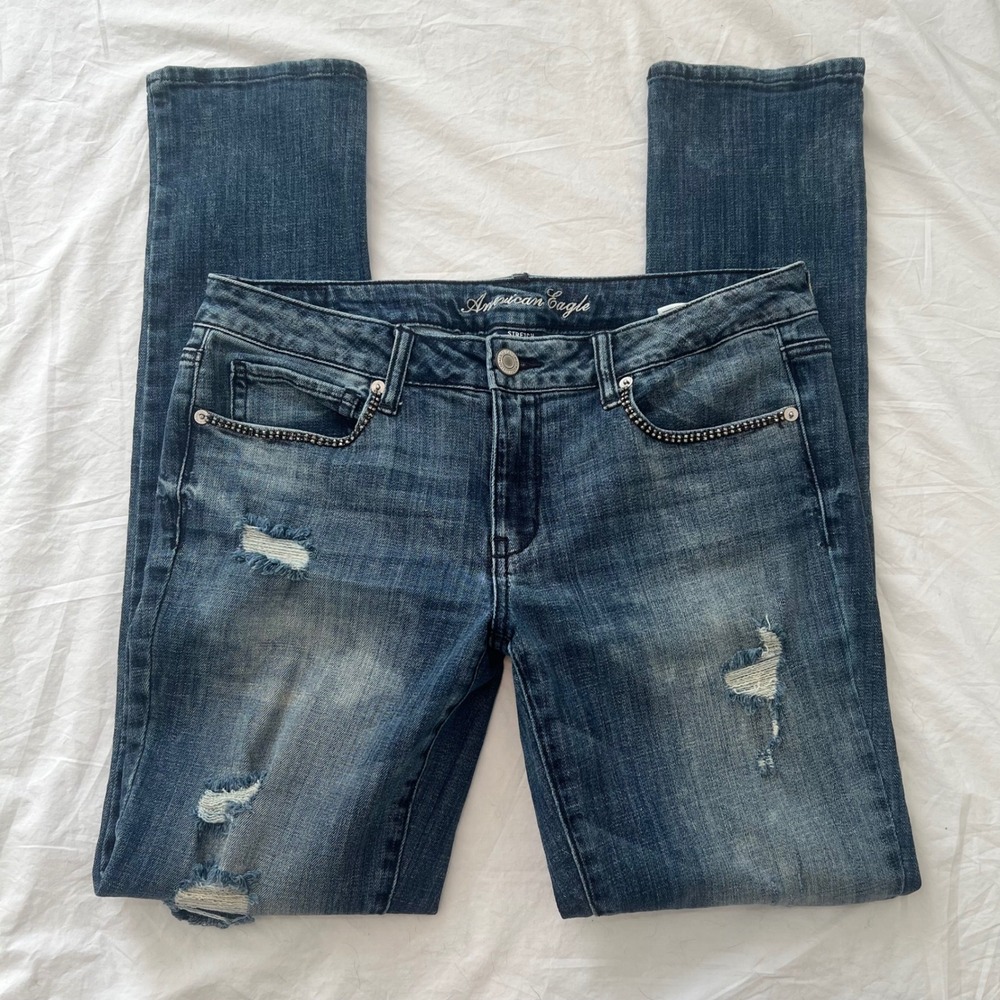 vintage american eagle low rise ripped skinny jeans w/ stud embellished pockets